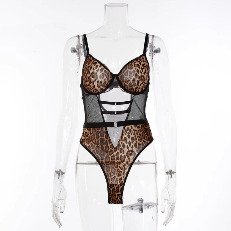 Women Sexy Lace Erotic Printed Leopard Print Hollow Out Bodysuit Breathable Bra