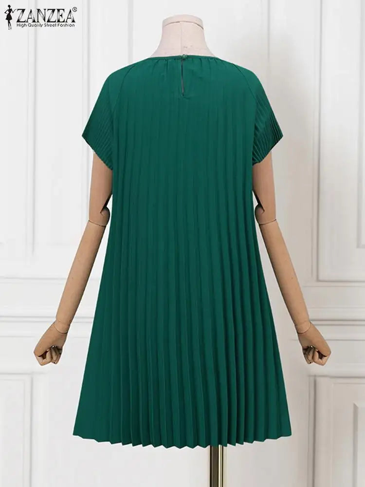 ZANZEA Women Party Elegant Sundress Summer Dress 2024 Fashion Short Sleeve O-Neck Pleated Casual Solid Color Mini Vestidos Robe