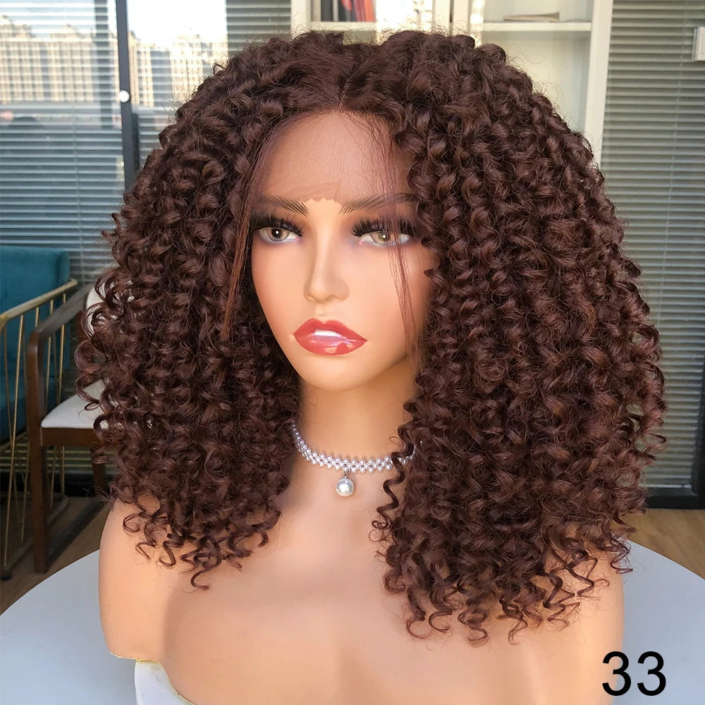 Short Bob Wig Lace Front Wigs for Women Afro Kinky Curly Wigs Ombre Brown Synthetic Middle Nature Hair Black Headgear with Clips