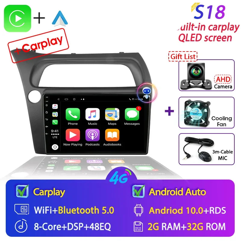 For Honda Civic Hatchback 2006-2011 Android 12 Car Radio Multimedia Video Navigation 2 Din Stereo DVD Head Unit Speaker Carplay