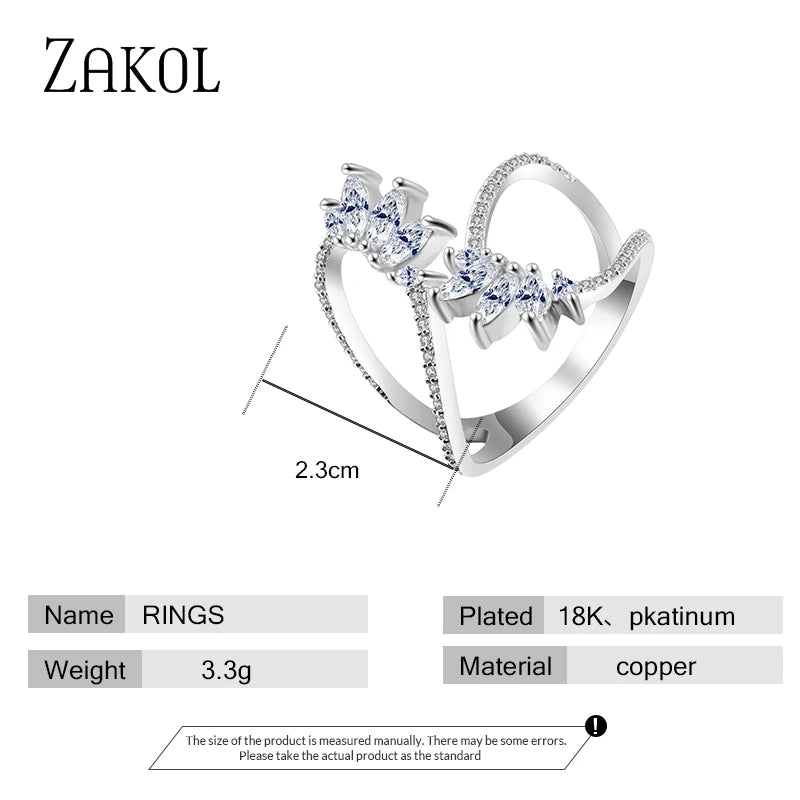 ZAKOL Cute Style White Color CZ Zirconia Leaf Open Rings Geometric Adjustable Ring Jewelry for Women Party Gift RP2015