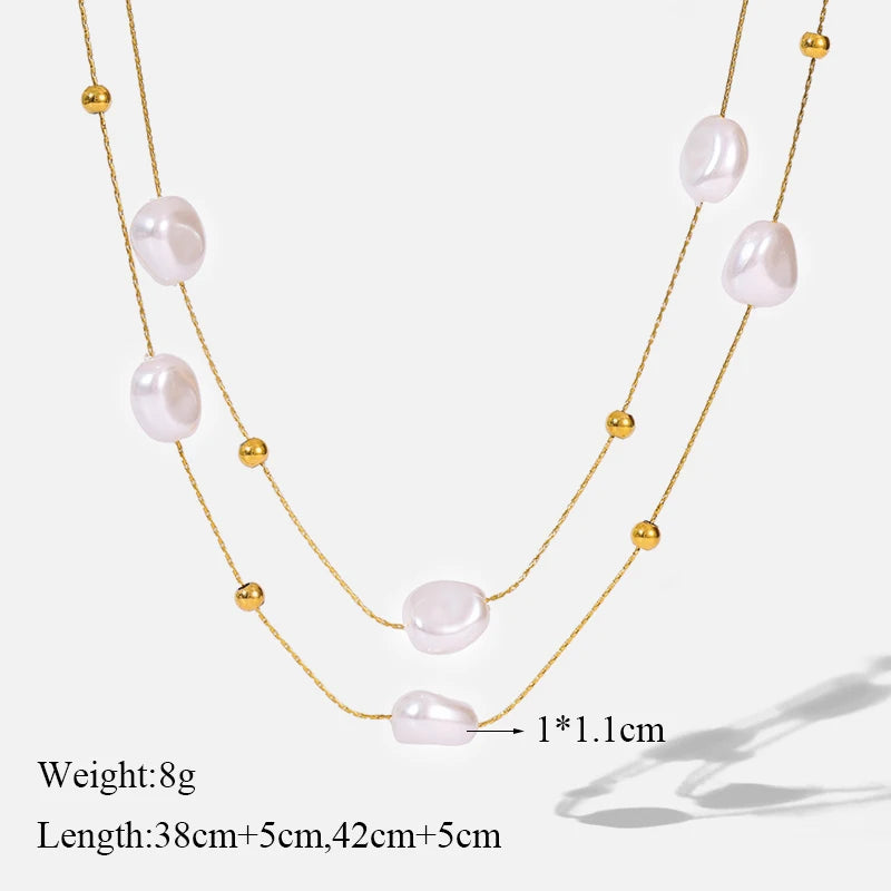 EILIECK 316L Stainless Steel Double Layer Irregular Pearl 2in1 Chains Necklace For Women Fashion Girls Clavicle Chain Jewelry