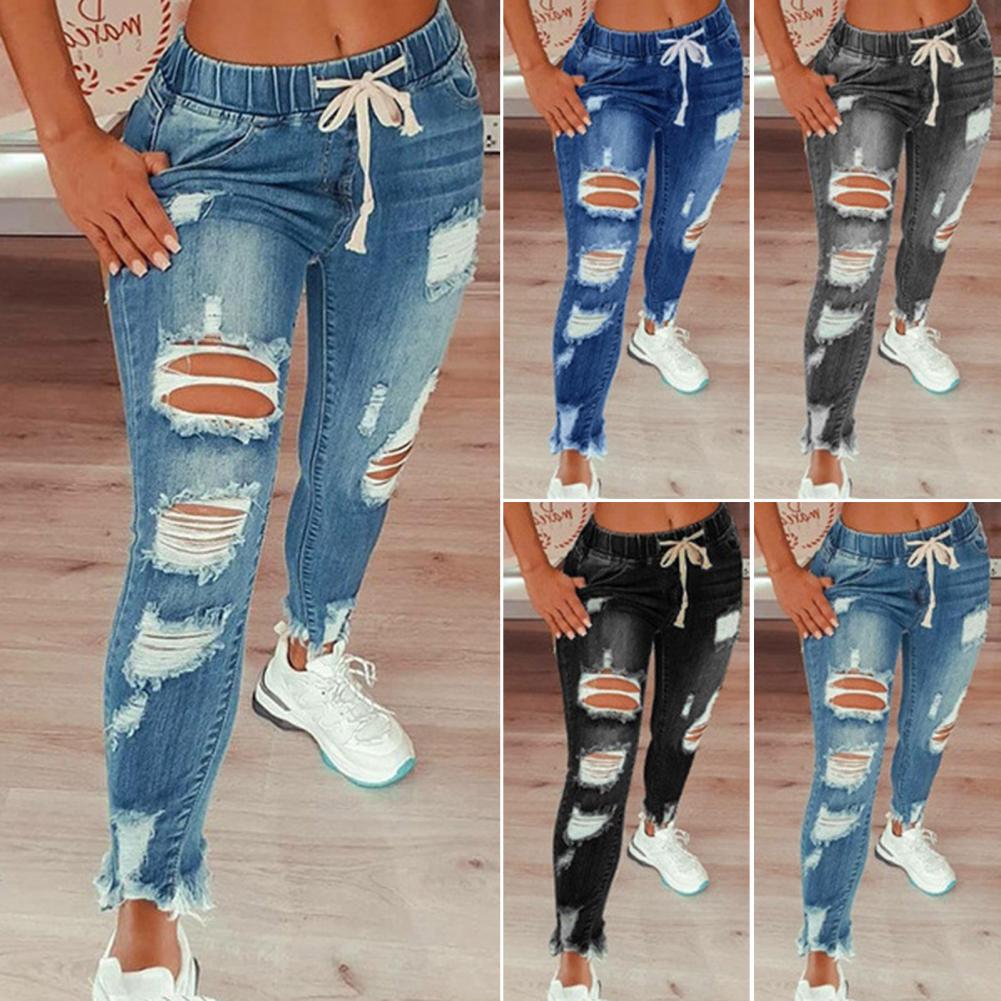 Womens Stretch Skinny Ripped Hole Washed Denim mom Jeans Female Slim Jeggings High Waist Pencil Pants Trousers