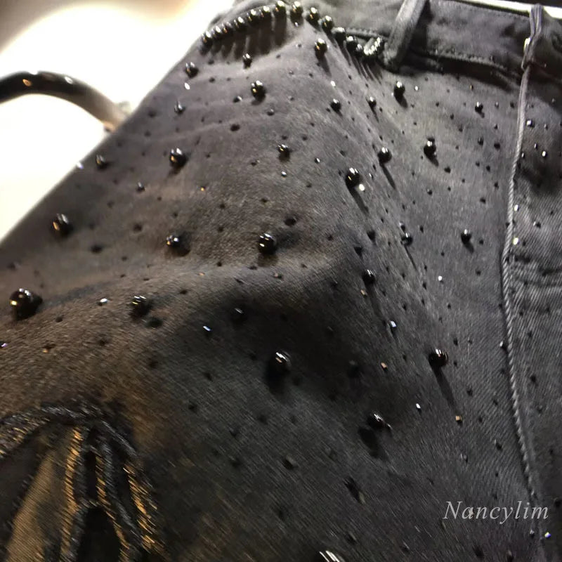 European Black Lace Denim Pants, 2025 Summer New Heavy Industry Beads Hot Diamond Denim Splicing Crochet Hollow Lace Jeans Women