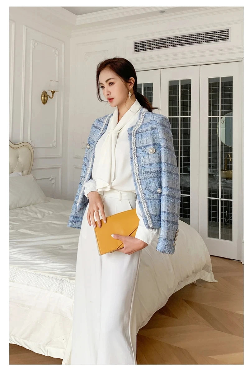 Women' Small fragrance Temperament plaid Coat 2024 Autumn New lady style long-sleeved tassel tweed coat high-end Ladies Jacket