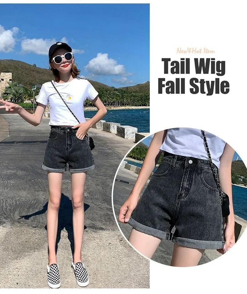 Shorts Women Black Gray Denim Shorts For Women Summer High Waist  Loose Ropa Mujer