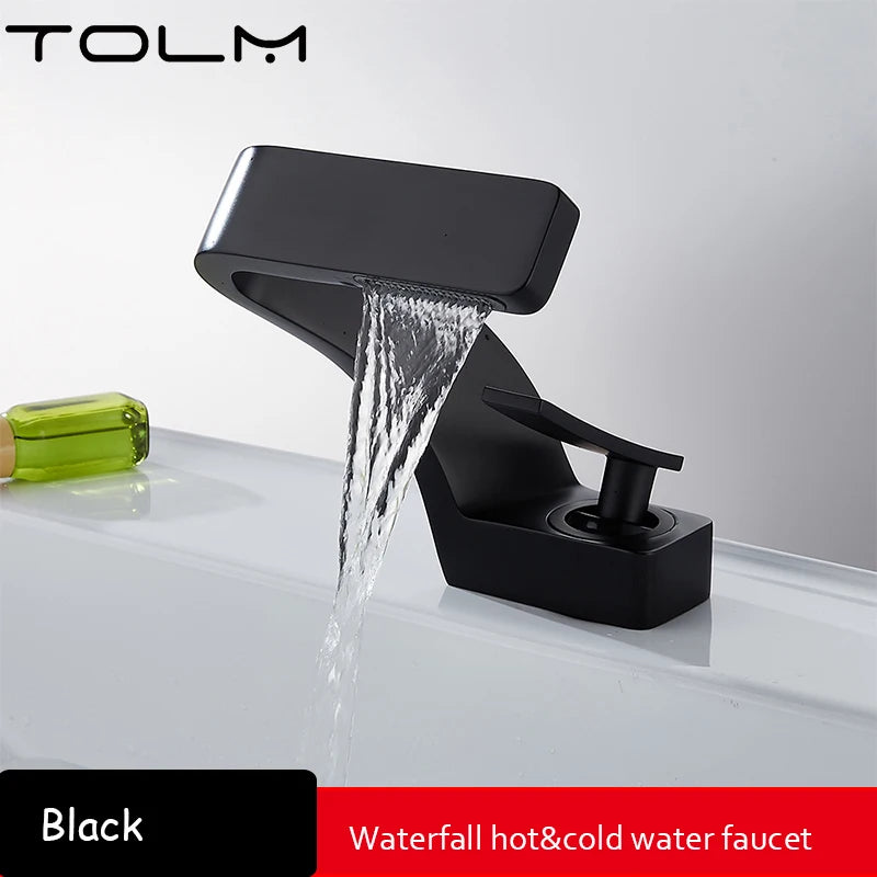 TOLM Chrome White Basin Faucet Deck Mounted Waterfall Bathroom Vessel Sink Mixer Tap Single Handle Hot Cold Water Tap