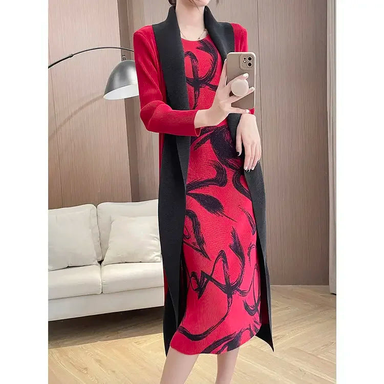 Folded Fake Two Piece Dress 2025 Spring Large Sleeves Round Neck Printed Mom's Dress  Y2k Dress
