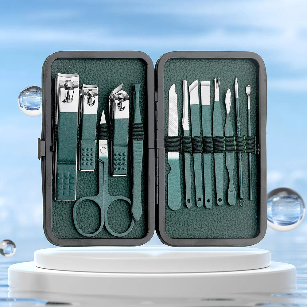 Green 7/13/24 pcs Stainless Steel Nail Cutter and Pedicure Scissors Set - Portable Manicure and Pedicure Tool Nail Clipper Set