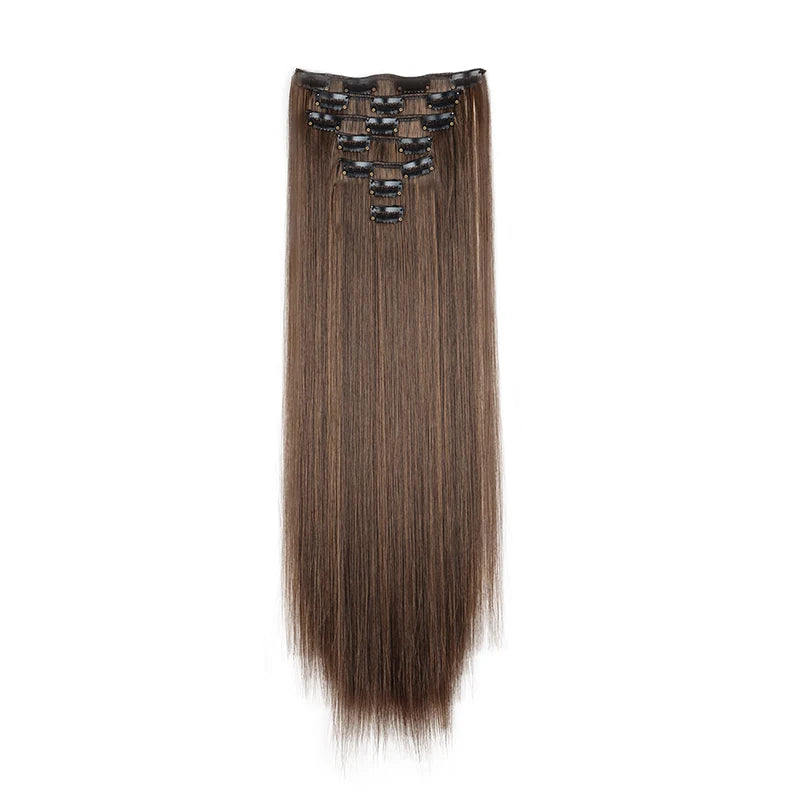 16 clips Synthetic Long Straight Hair Extensions Clips in Hair Black Brown 7Pcs/set Hairpiece for Women