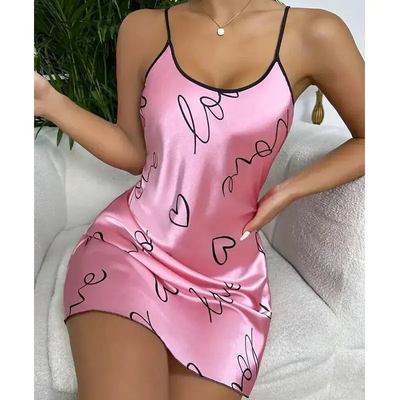 Women Summer Sexy Pajamas Sling Nightdress Open Back Criss Cross Sleep Dress Elegant Romantic Heart Print Sleeveless Sleepwear