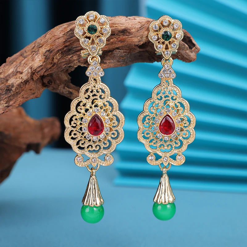 Light Luxury Set Drop Gemstone Cutout Design Earrings Moroccan Girls Gold-Plated Earrings Pendant Bride Wedding jewelry