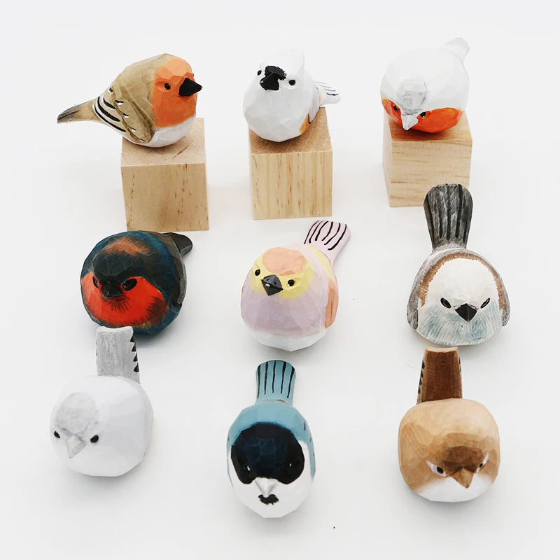 Cute Wooden Bird Figurine Ornaments Painted Hand Carved Wood Birds Statue Carving Animals Miniature Crafts Table Decorate Gifts