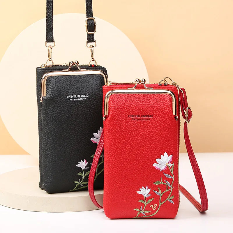 Women's Long Embroidered Mobile Phone bag Female Shoulder Straps Handbag Crossbody Bag Ladies Wallet Coin Purses Cards Holder