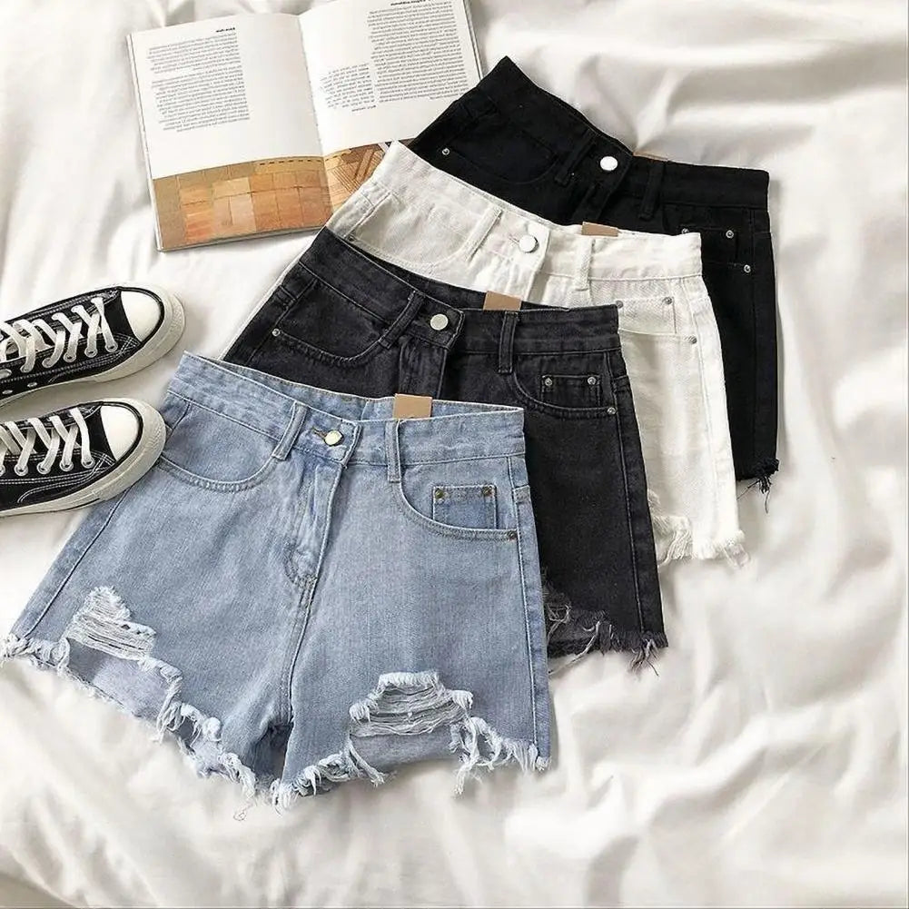 Lady Mini Pants Retro High Waist Denim Shorts for Women A-line Solid Color Ripped Button Zipper Closure Slim Fit for Summer