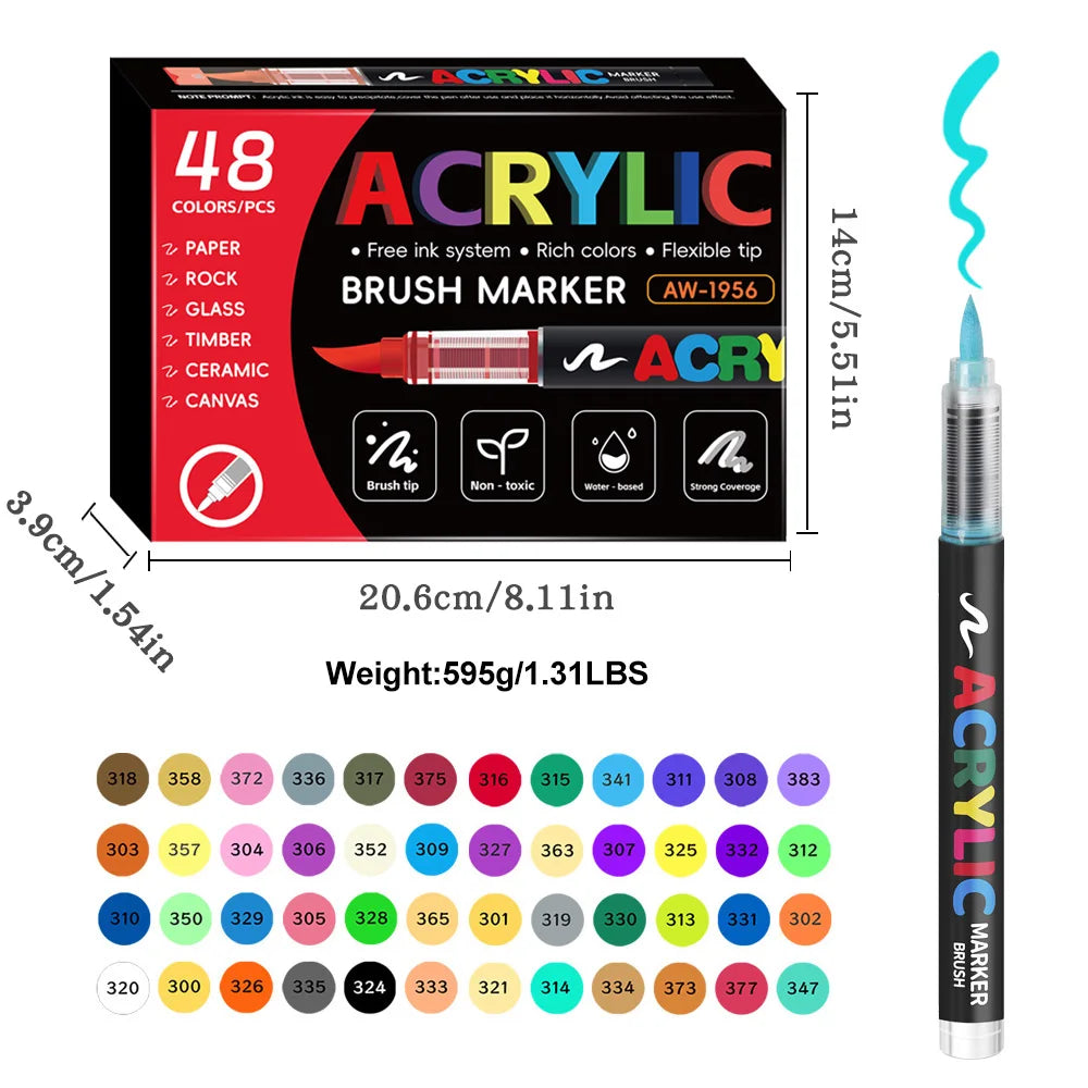 12/24/36/48 Color Acrylic Paint Pen Markers Brush Tip Paint Marker For Rock Painting Wood Canvas Stone, Christmas Gift DIY Craft