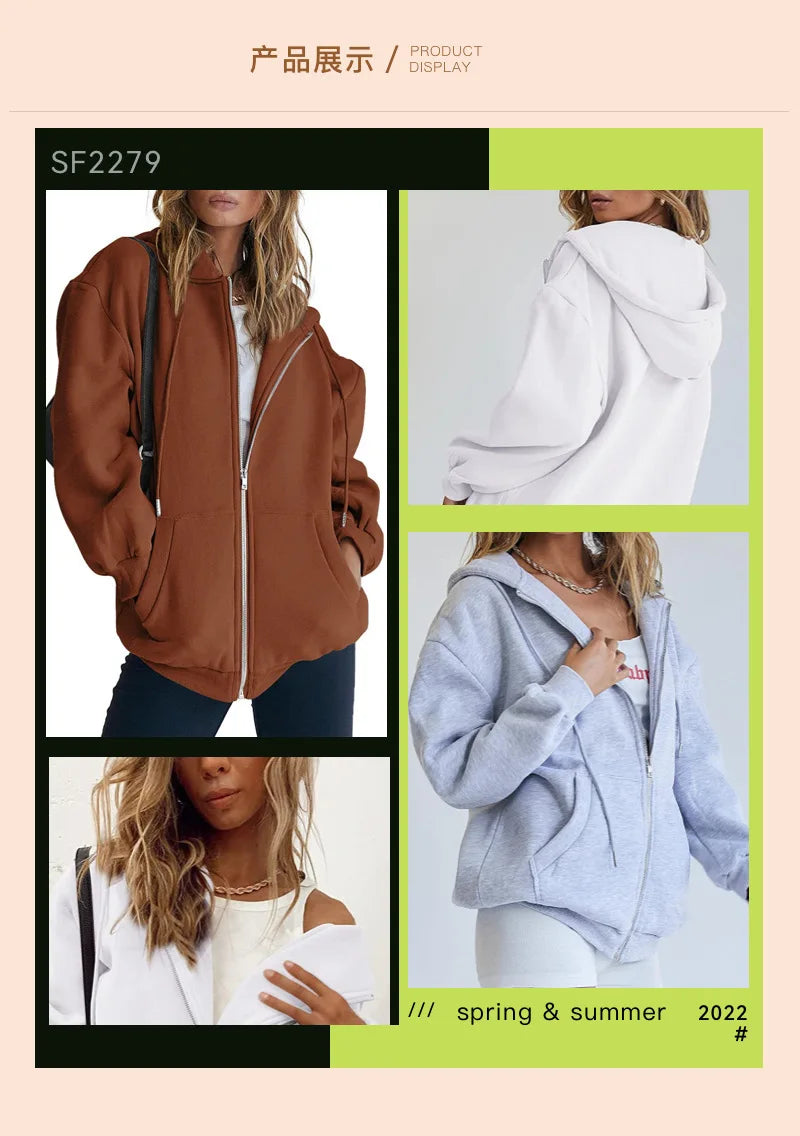 Fashion Gray Zip Up Sweatshirt Women Autumn Winter Jacket Clothes Hoodies Daily Pockets Long Sleeve Solid Versatile Lady Hoodies