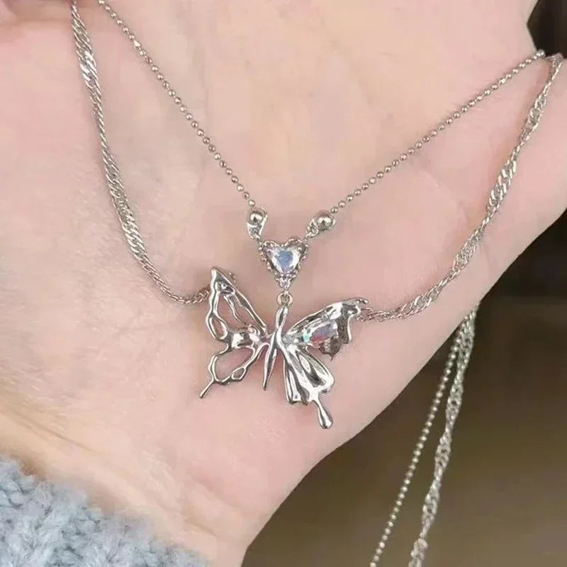 Y2K Crystal Butterfly Pendant Necklace Women Light Luxury  Punk Heart  Clavicle Chain Fashion Jewelry Party Gift 2024