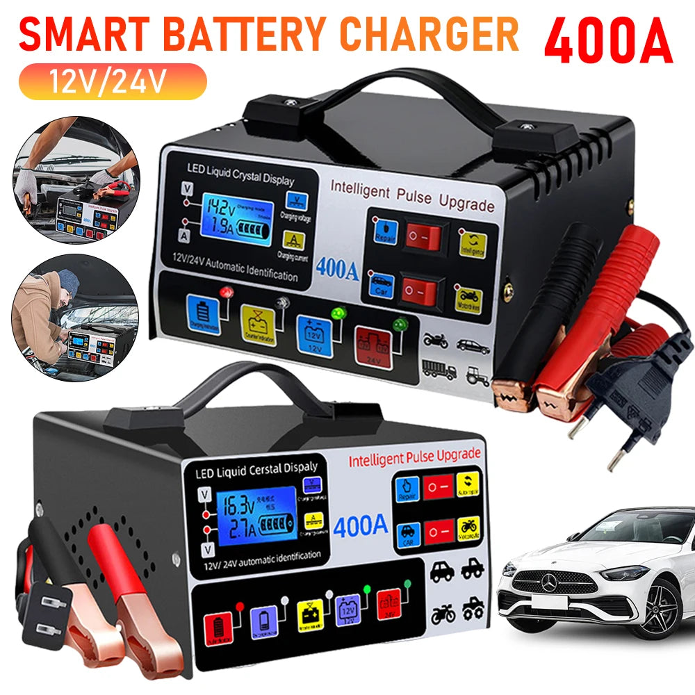 Car Battery Charger Pulse Repair LCD Display Smart Fast Charge 12V/24V Self-Stop Car Battery Charger For Auto Motorcycle Charger
