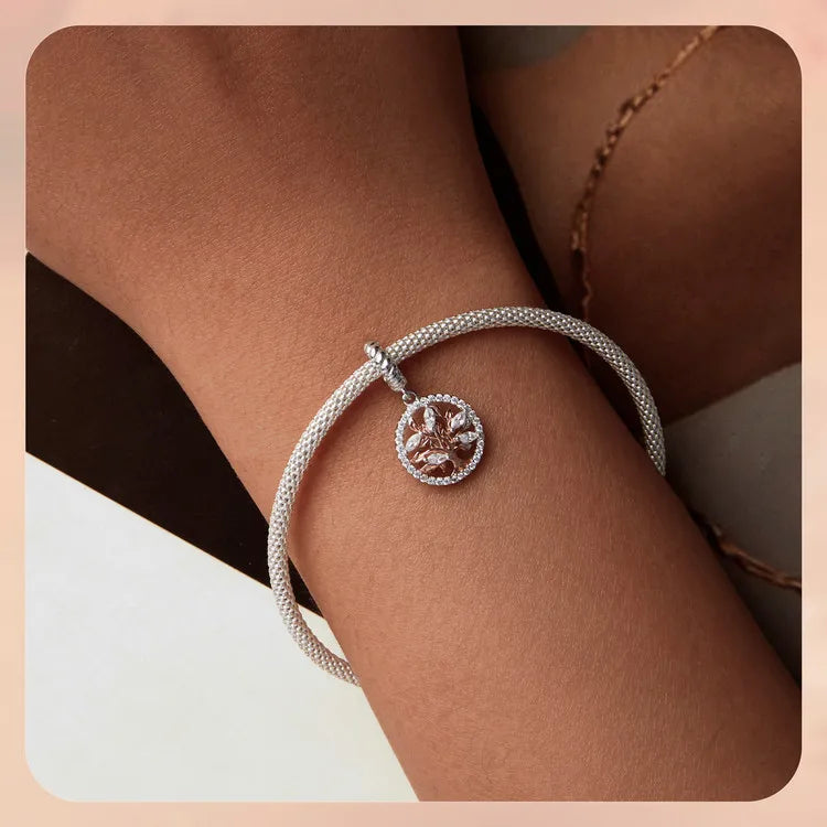 WOSTU 925 Sterling Silver Tree of Life Pendant Plated White Rose Gold Rose Charm Spacer Beads Fit Original Bracelet for Women
