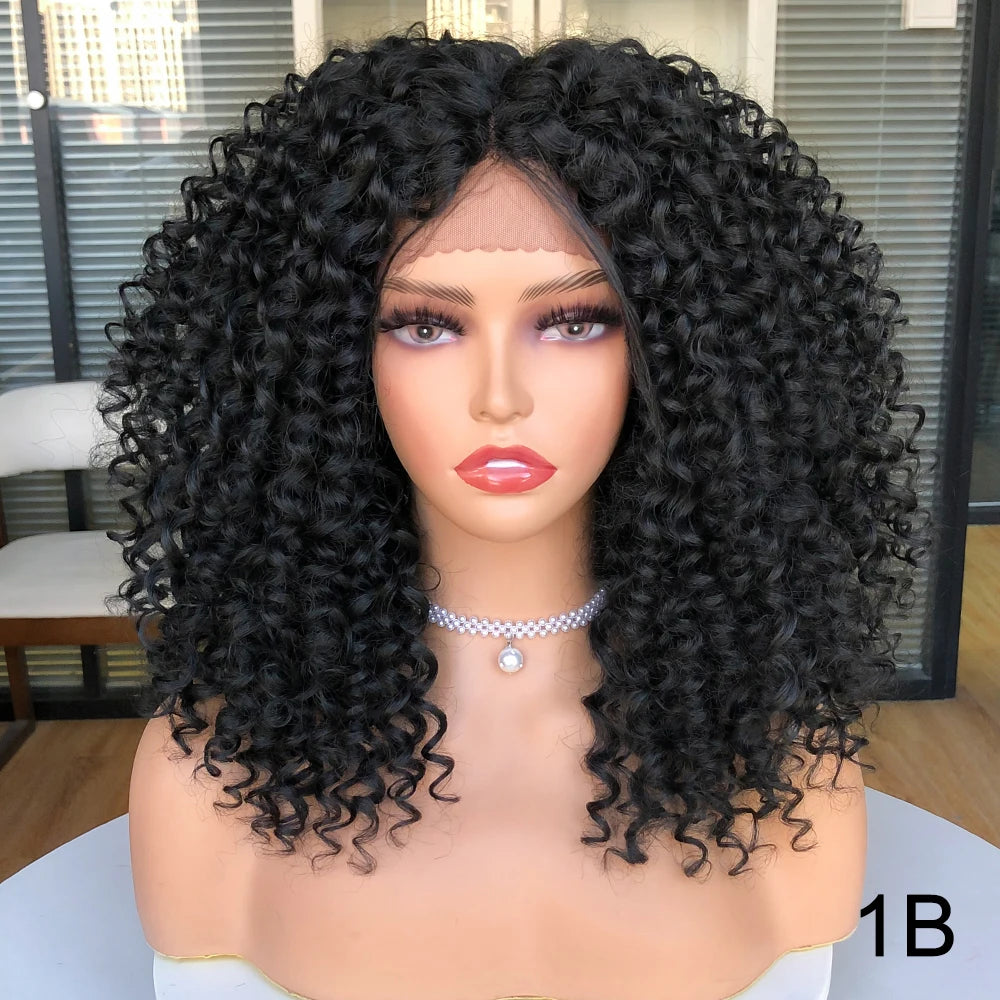 Short Bob Wig Lace Front Wigs for Women Afro Kinky Curly Wigs Ombre Brown Synthetic Middle Nature Hair Black Headgear with Clips