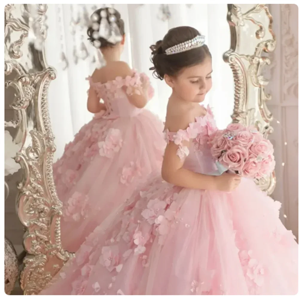 Pink luxury Flower Girl Dresses Tulle Flowers Fluffy trailing For Wedding Birthday Banquet Princess Communion Gowns
