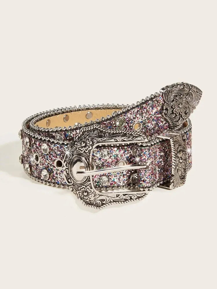 Women Sequin & Rhinestone Decor Geometric Buckle Fashion Belt For Dress Decoration
