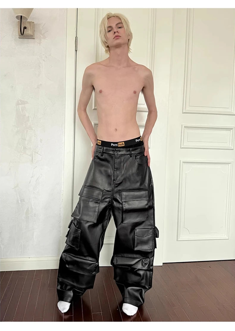 Mauroicardi Autumn Cool Black Pu Leather Straight Cargo Pants for Men Many Three-dimensional Pockets Luxury Designer Clothes
