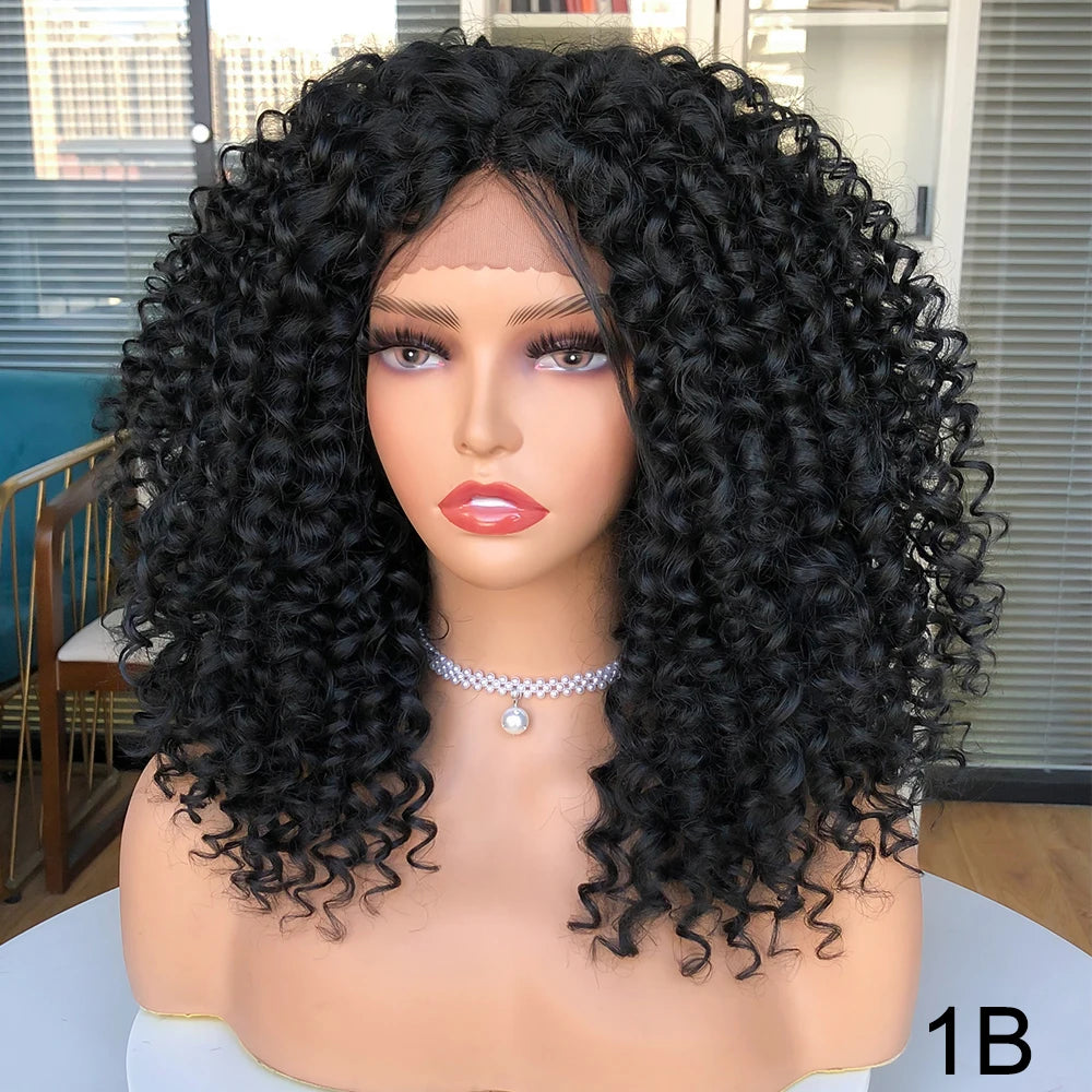 Short Bob Wig Lace Front Wigs for Women Afro Kinky Curly Wigs Ombre Brown Synthetic Middle Nature Hair Black Headgear with Clips