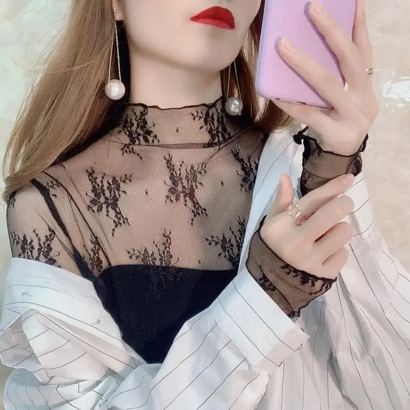 Sexy Mesh Lace See Through T-shirt For Women Korean Tops Long Sleeve Floral Print O Neck Tee Tops Bottoming Blouses Streetwear