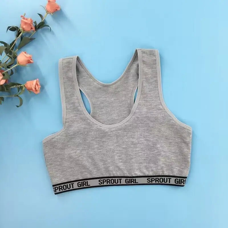 Girl Cotton Sport Training Bra Cartoon Smiley Print Print Solid Color Wide Strap Underwear Bralette Seamless Crop Top 8-16Y