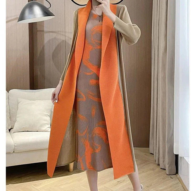 Folded Fake Two Piece Dress 2025 Spring Large Sleeves Round Neck Printed Mom's Dress  Y2k Dress