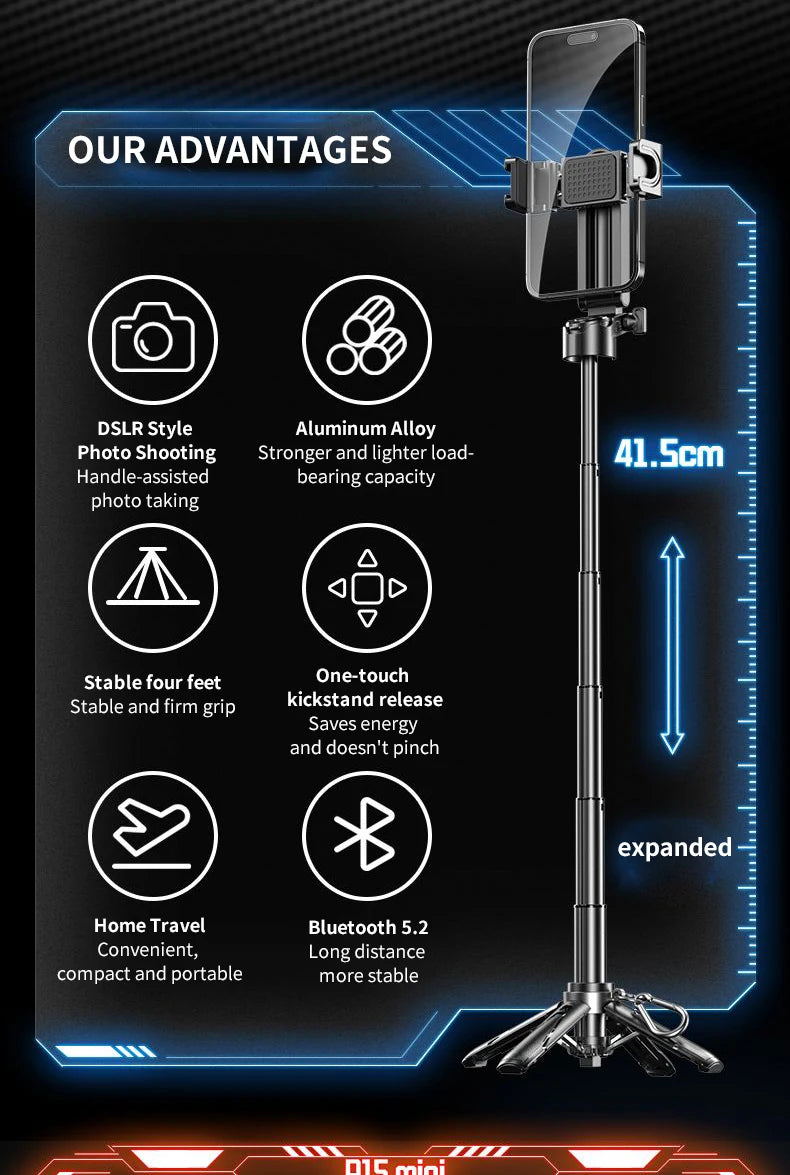 P15Mini Selfie Stick Tripod 3 in 1  Extendable Grip Phone Tripod with Detachable Remote for Vlog Livestreaming Photography