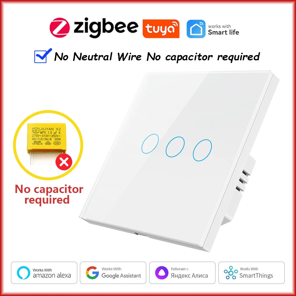 ZigBeeTuya Smart Light Touch Switch EU No Neutral Wire No Capacitor Required Smart Life 1/2/3 Gang Work with Alexa Google Home