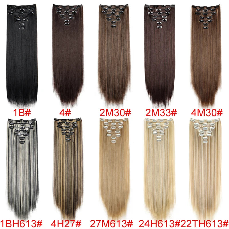 16 clips Synthetic Long Straight Hair Extensions Clips in Hair Black Brown 7Pcs/set Hairpiece for Women