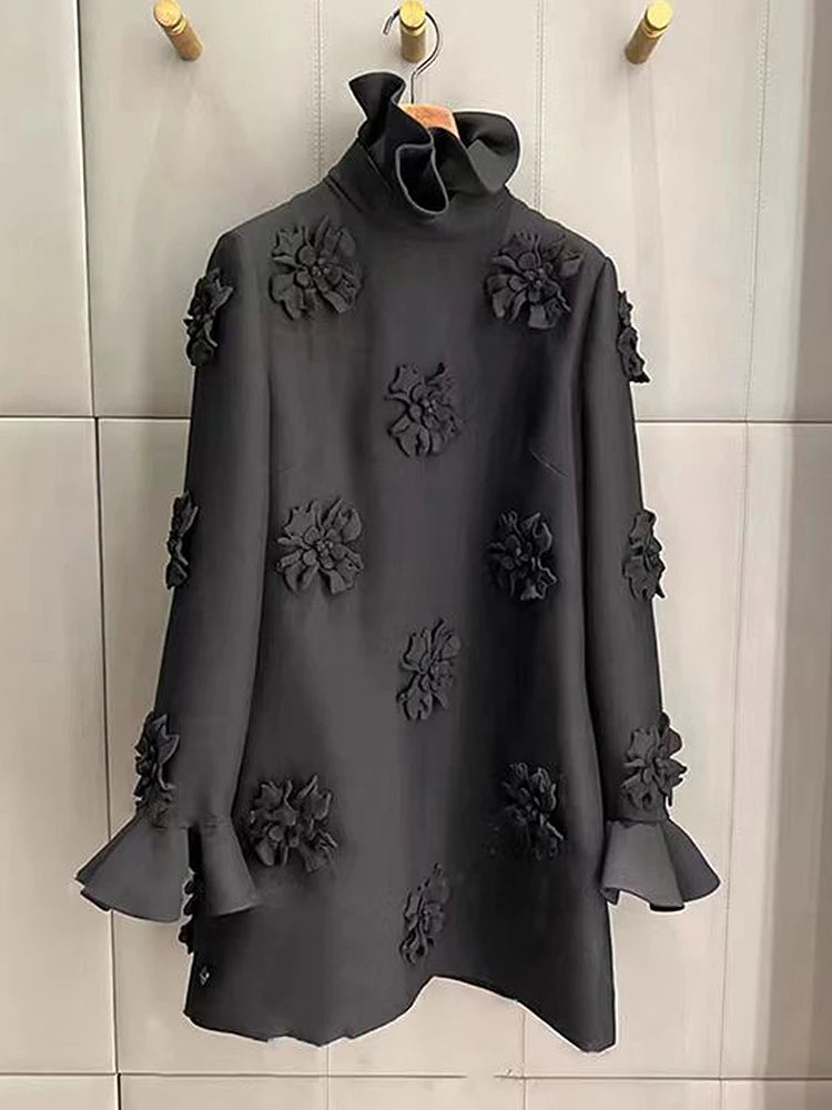 HIGH STREET Newest 2024 Designer Fashion Women's Flare Sleeve Stunning 3D Flowers Appliques Dress