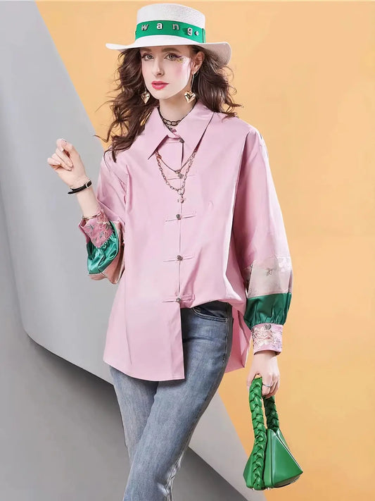 Spring high quality New Pink Women's Shirt Contrast Color Stitching Loose Embroidered Casual blous Top for women