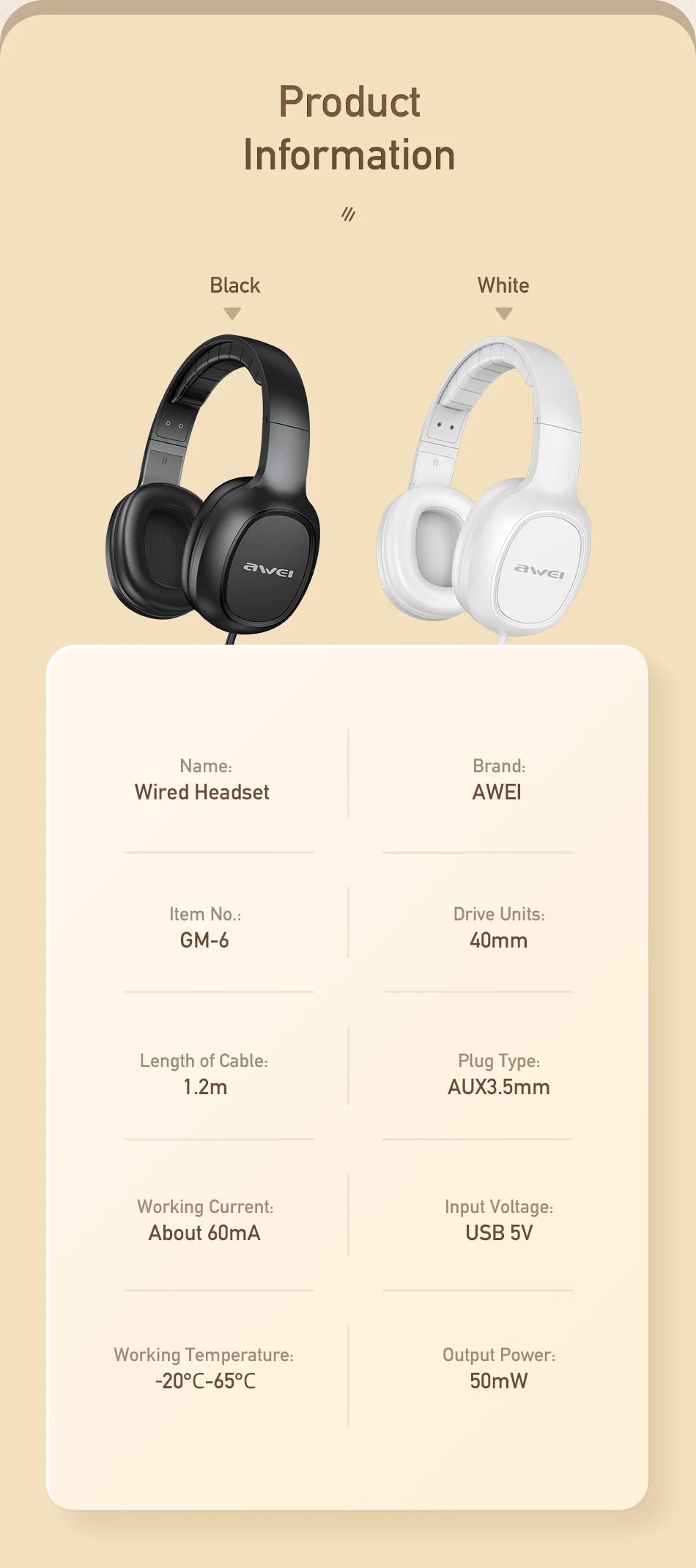 Awei GM-6 Wired Professional Headphone with Wire Control Game Wired Headset With Mic 3.5mm AUX Plug For PC Computer Laptop