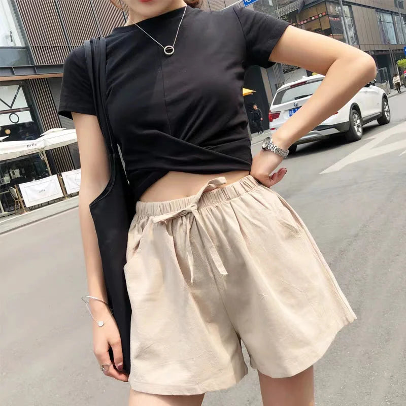 Cotton Linen Shorts Women's Sports Shorts Summer Solid High Waist Black Shorts Workout Women Fashion Casual Basic Short Pants
