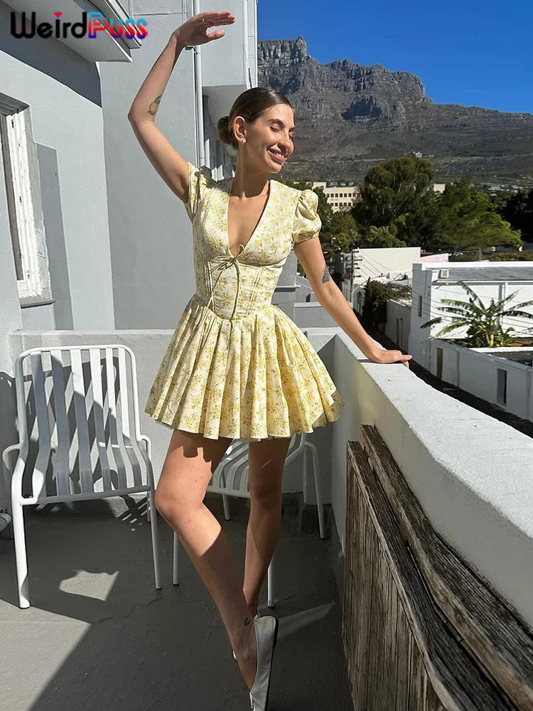 Weird Puss Floral Romantic Dress Women Summer Idyllic Lantern Shorts Sleeve Deep v-Neck Summer Trend Slim Party Birthday Bodycon