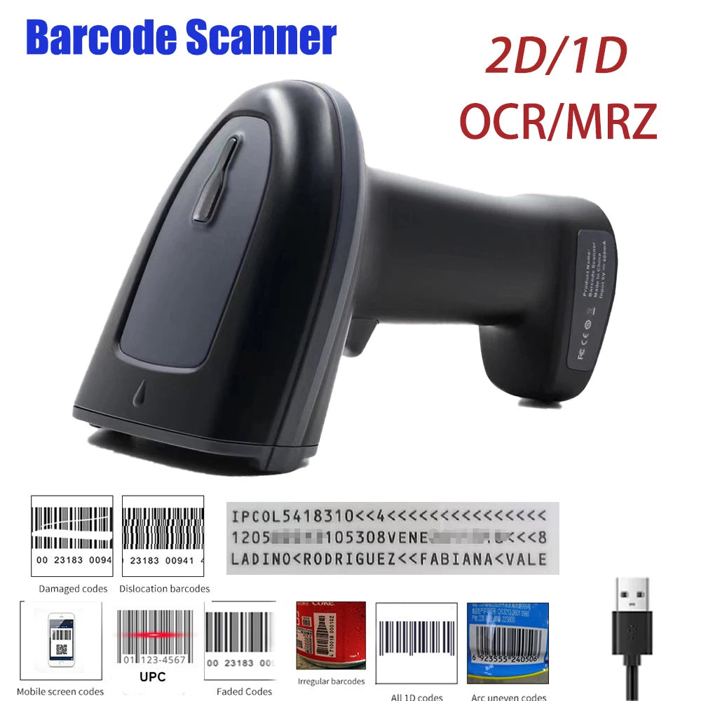 2D/1D OCR Barcode Scanner Handheld Portable Wired/Wireless Bluetooth With Base MRZ PDF417 Data Matrix for Passport Identity Card