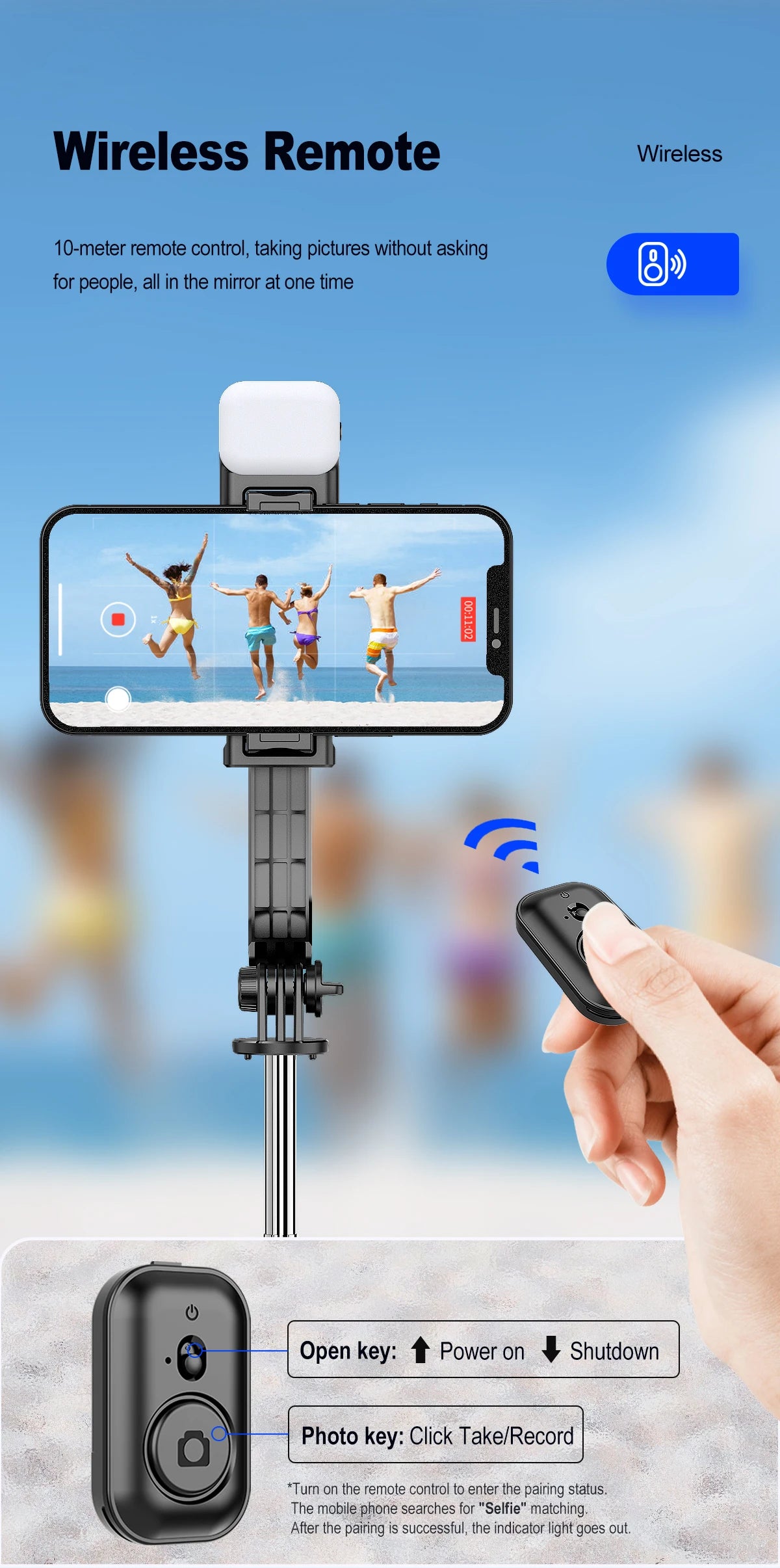 C01s Selfie Stick Tripod with Fill Light, Detachable Phone Bracket Monopod,  Wireless Bluetooth Remote for Huawei iPhone Android