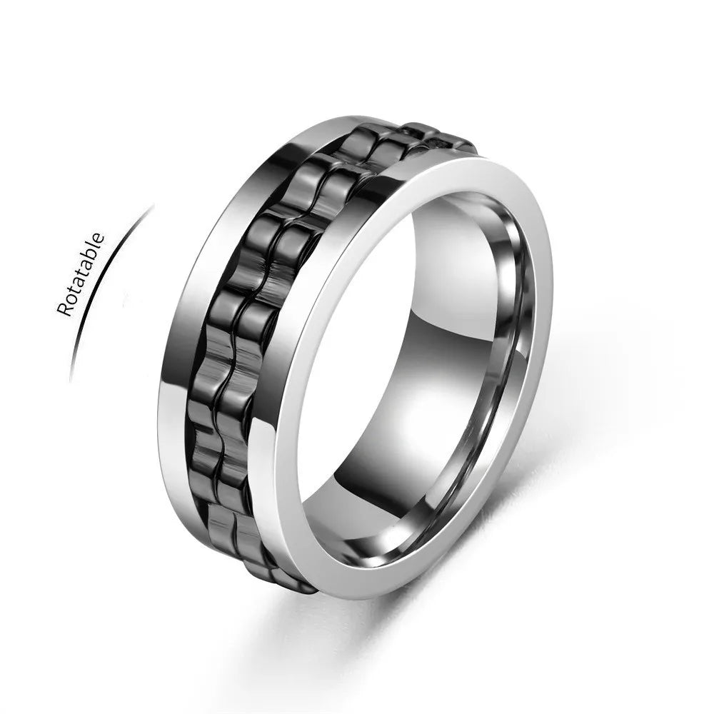 Anti Stress Stainless Steel Ring For Men Gear Chain Rotating Anxiety Relief Spinning Fidget Rings Punk Jewelry Bague Homme