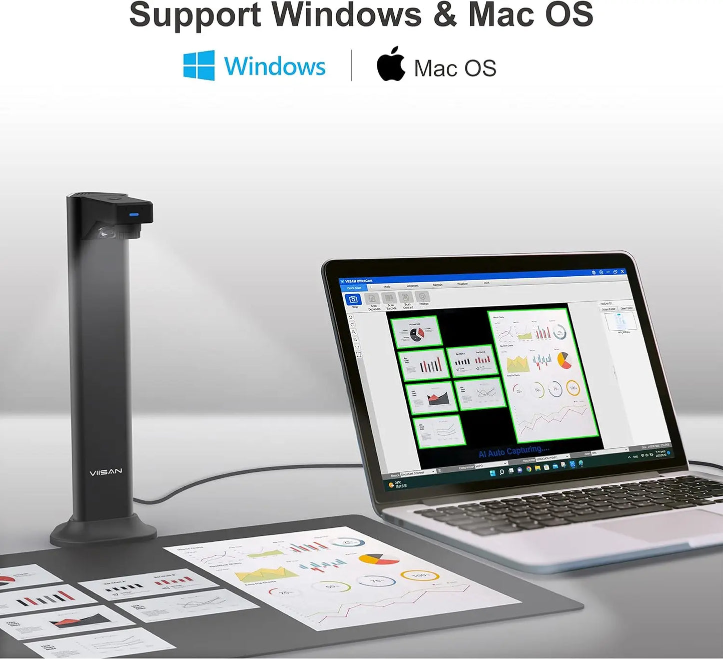 VIISAN DL8 Document Scanner USB Book Scanner OCR Auto-Flatten & Deskew, 13MP Document Camera for Desktop/Laptop Size A3
