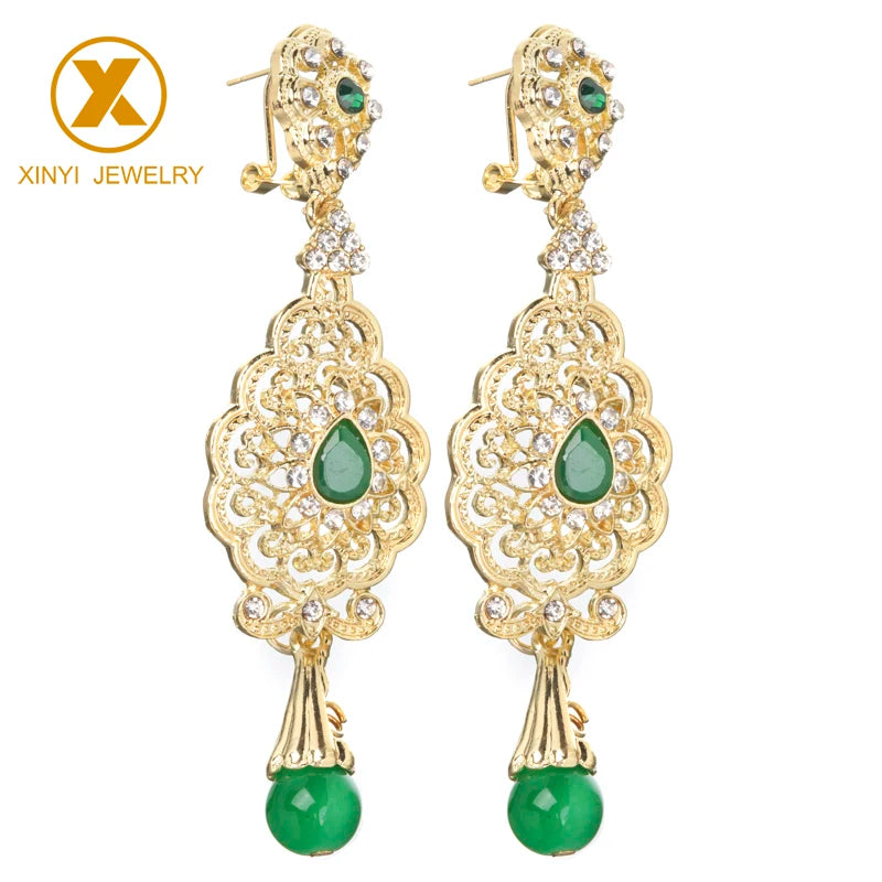 Light Luxury Set Drop Gemstone Cutout Design Earrings Moroccan Girls Gold-Plated Earrings Pendant Bride Wedding jewelry