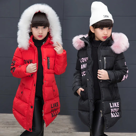 UNITIM 2024 Russian Winter Girls Cotton-padded Jacket Faux Fur Collar Long Kids Girl Parka 4-13 Years Teenagers Outerwear Coat