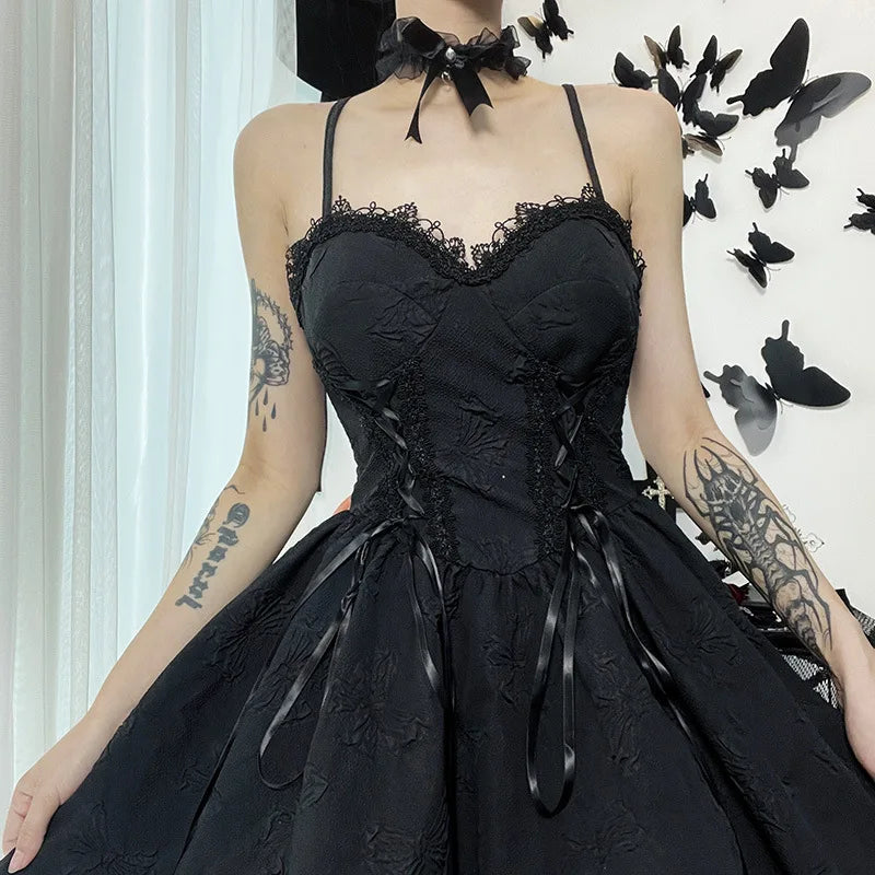 Mall Gothic Emo Jacquard A-line Dresses Goth dress Elegant Grunge Ruched Bandage Partywear Punk Black Women Halloween Club Dress
