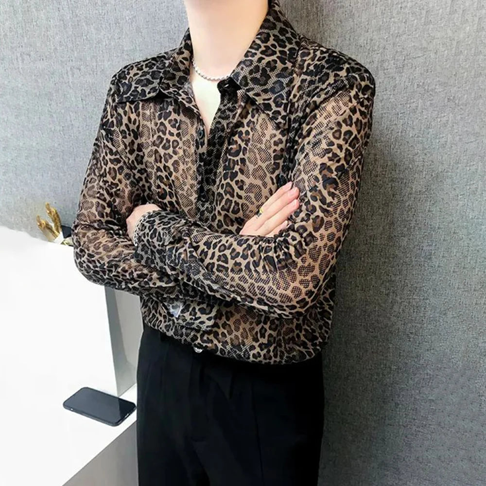 Mens Sexy Leopard Print Mesh See-Through Ice Silk Shirt Autumn Genderless Fashion Youth Nightclub Breathable Hollow Top Unisex