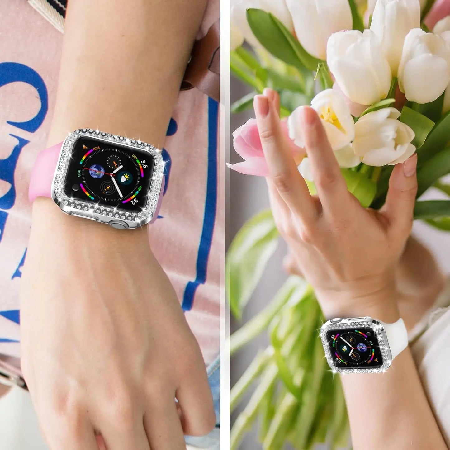 Bling Case for Apple Watch Series 9 8 7 6 5 4 3 2 1 SE(No Screen), Women Glitter Rhinestone Protector Frame.