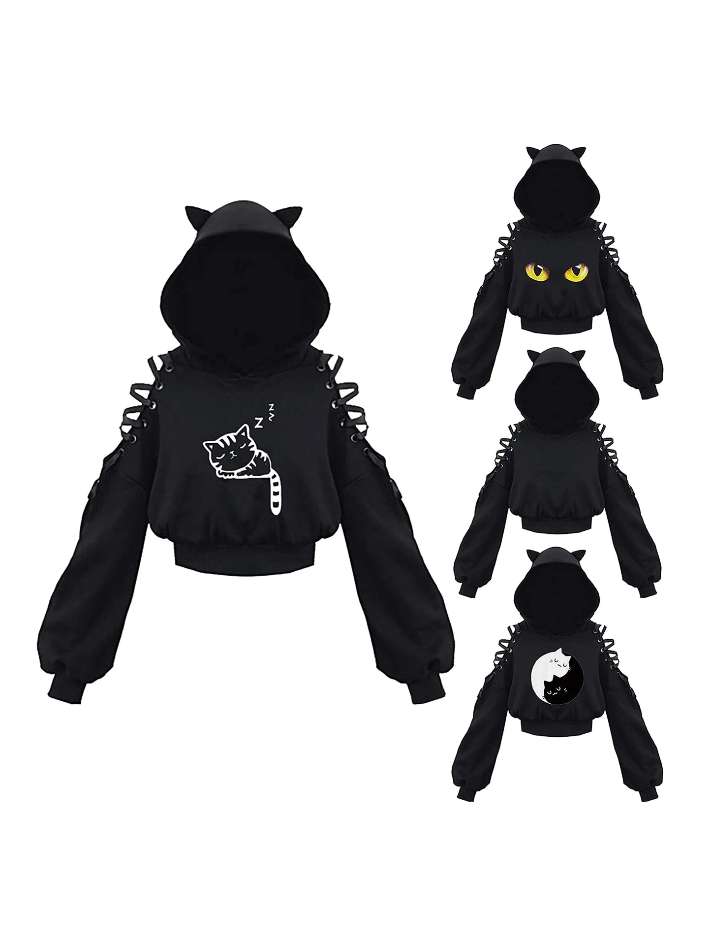 Captivating New Punk Women’s Fashion Printing Sweatshirt Casual Bandage Y2k Long Sleeve Exposed Navel Hooded T-shirt Streetwear